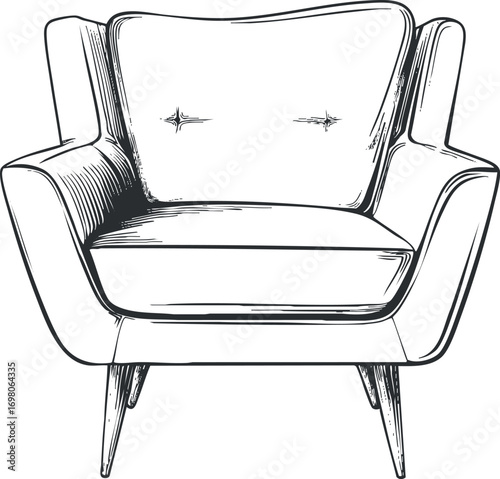 Stylish modern armchair illustration featuring a cozy design and elegant detailing. Black on transparent background.
