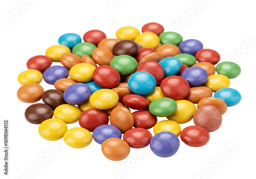 Colorful candy coated chocolate candies pile isolated on transparent background