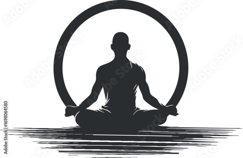A silhouette of a person meditating inside a circular design symbolizing peace and tranquility. Black on transparent background.