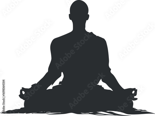 Silhouette of a meditating figure symbolizing peace and spirituality in a tranquil setting. Black on transparent background.