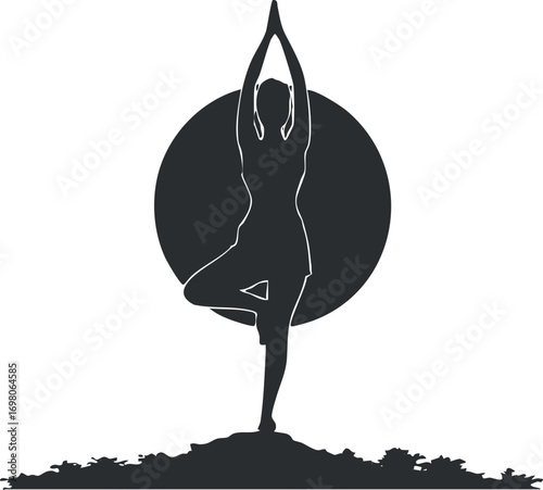 A silhouette of a woman practicing yoga in a tree pose against a circular background. Black on transparent background.