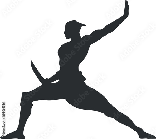 Silhouette of a warrior in a dynamic pose wielding a knife representing strength and action. Black on transparent background.