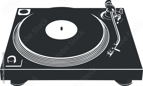 A detailed illustration of a classic turntable designed for vinyl records and music playback. Black on transparent background.