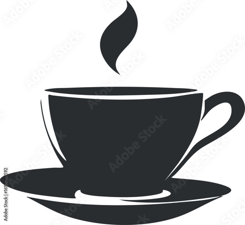 A minimalist illustration of a steaming cup on a saucer representing a hot beverage. Black on transparent background.