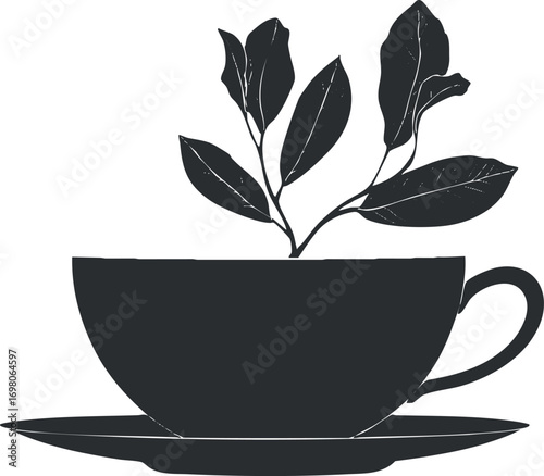 A minimalist illustration of a teacup with leaves growing from it symbolizing nature and wellness. Black on transparent background.