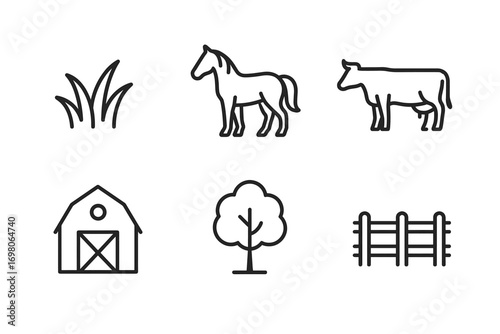 Farm elements: grass, horse, cow, barn, tree, fence - black and white icon set