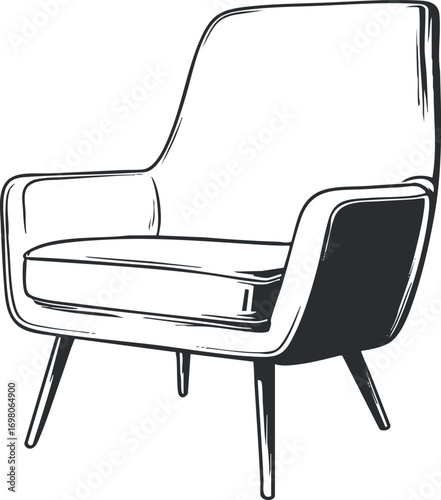 Stylish modern armchair illustration suitable for interior design and home decor projects. Black on transparent background.