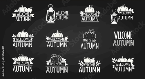 Set of retro chalkboard style welcome autumn sign designs with seasonal elements like pumpkins and leaves
