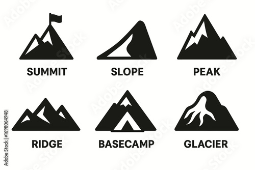 Set of mountain icons: summit, slope, peak, ridge, basecamp, glacier - adventure symbols