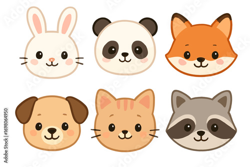Cute cartoon animal faces: rabbit, panda, fox, dog, cat, raccoon
