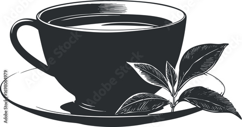 A stylized illustration of a tea cup with leaves on a saucer. Black on transparent background.