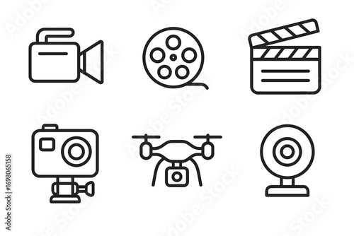 Minimalist icons of camera, film reel, clapperboard, action cam, drone, webcam