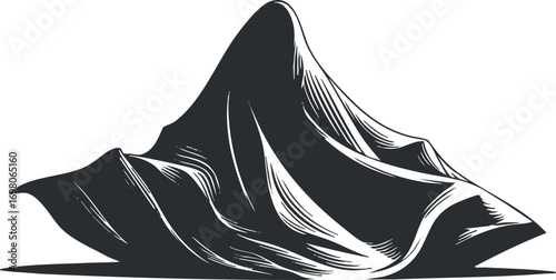 A stylized black and white illustration of a mountain peak with flowing contours. Black on transparent background.