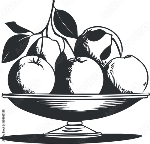 A detailed black and white illustration of a bowl filled with assorted fruits. Black on transparent background.