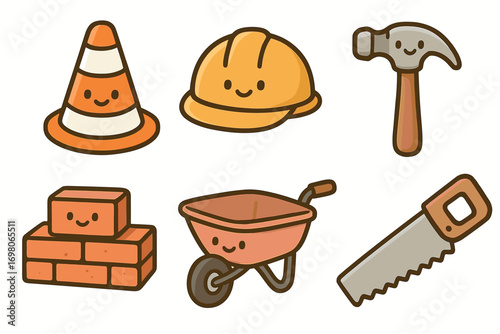 Cartoon construction tools with smiling faces: helmet, cone, hammer, bricks, wheelbarrow, saw