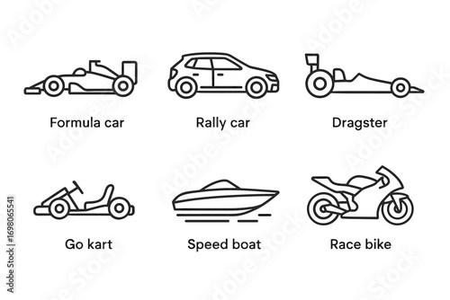 Outline icon set of formula car, rally car, dragster, go kart, speed boat, race bike
