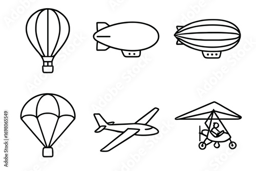 Outline icons of air travel: balloon, blimp, parachute, airplane, hang glider