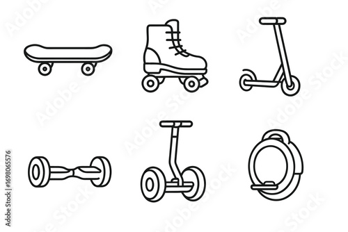 Vector line icons of skateboard, roller skate, scooter, hoverboard, segway, unicycle