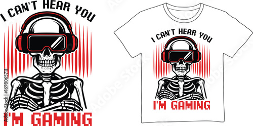 Skeleton gamer wearing vr headset and headphones playing video games