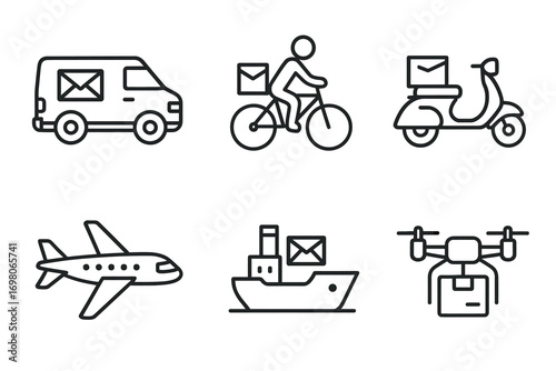 Mail delivery icons set featuring van, bicycle, scooter, airplane, ship, and drone