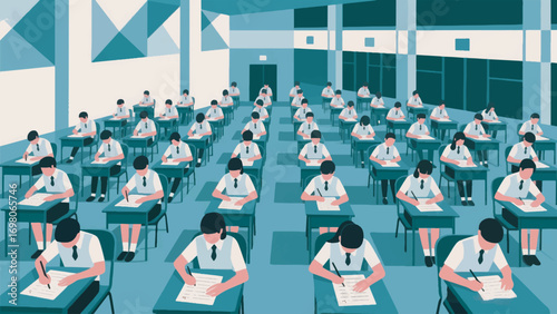 illustration of students sitting in a large hall focusing on exam sheets vector design template