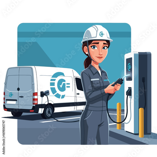 Female Technician Charging Electric Van at Station