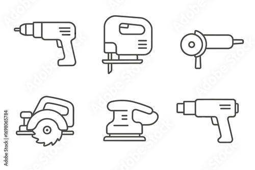 Outline icons of power tools: drill, jigsaw, grinder, circular saw, sander