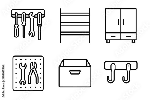 Tool organization icons: hooks, shelves, cabinet, pegboard, box, and hangers
