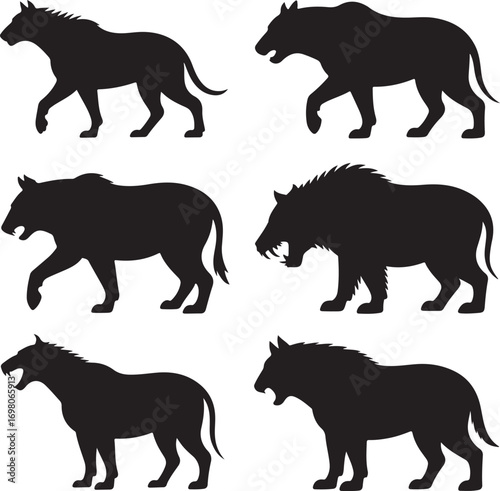 Six Silhouette Illustrations of Prehistoric Saber- Toothed Cat Creatures Keywords: prehistoric