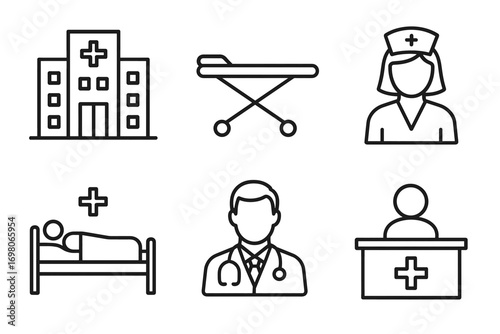 Healthcare icons: hospital, medical staff, patient, stretcher, nurse