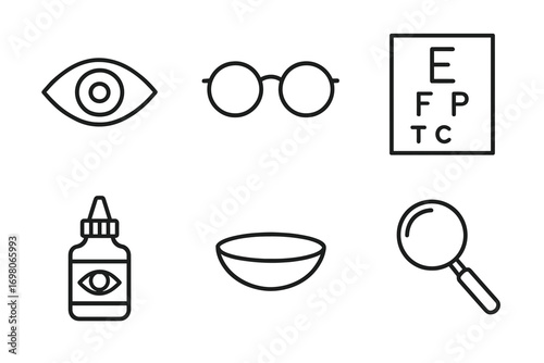 Eye care essentials: glasses, eye chart, contact lenses, magnifying glass, eye drops