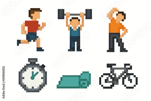 Pixel art fitness icons: exercising male figures and sports equipment