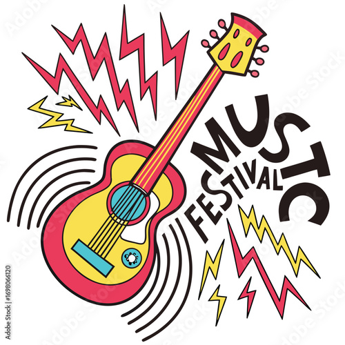 Vibrant music festival logo featuring a colorful electric guitar with dynamic sound waves and artistic flair