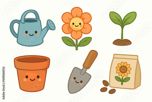 Cute gardening elements with smiling faces: watering can, flower, seedling, pot, trowel, seed packet