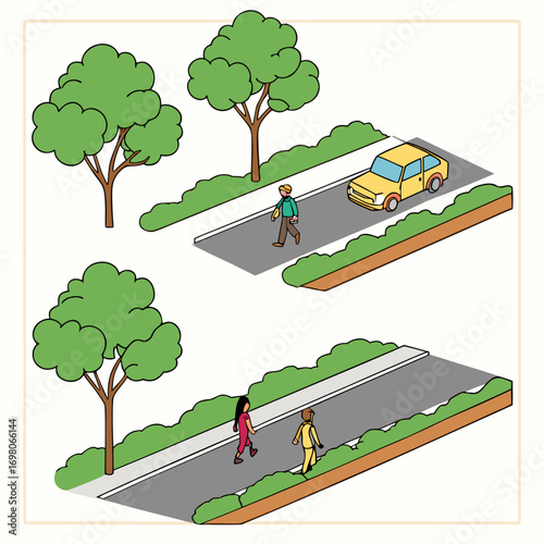 Vector art of isometric illustration of people crossing the street with cars and trees, showcasing urban life