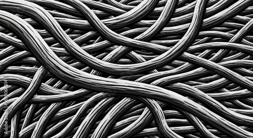 Abstract tangled lines, intricate design, complex pattern, black and white, artistic texture.