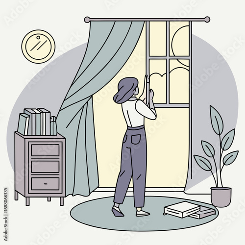 Vector art of a woman is standing in front of a window in her home, looking out at the view, with a clock, books, and plant nearby
