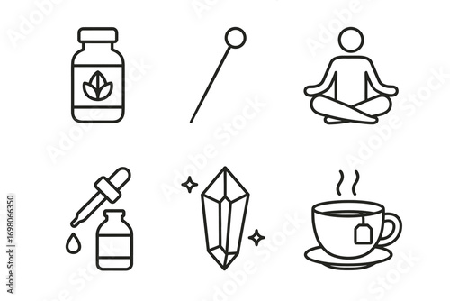 Wellness icons collection with yoga, essential oils, herbal supplements, and tea