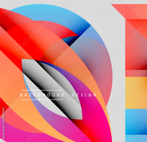 Abstract colorful shapes overlap, creating dynamic visual effect. Modern design features gradients, curves, vibrant hues.