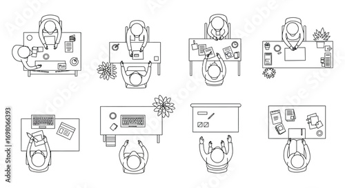people working at desks with computers and various office items