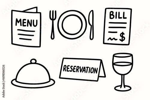 Restaurant icons set: menu, bill, reservation, dining, wine glass illustration