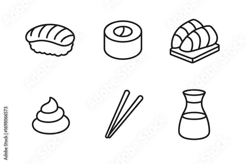 Minimalist sushi and japanese cuisine icons set in black and white