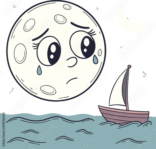Sad moon with boat on the sea at night