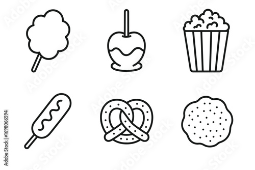 Icon set of classic fair food: cotton candy, candy apple, popcorn, corn dog, pretzel, cookie