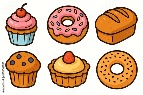 Colorful assorted pastries and baked goods: cupcakes, donuts, bread, muffins, tart