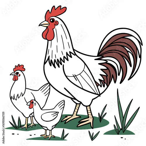A charming cartoon illustration of a proud rooster standing with two hens in a grassy field