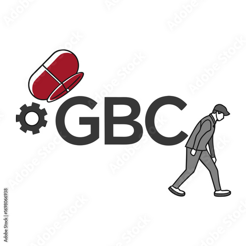 Abstract representation of a person walking with a pill and gear symbolizing health and industry