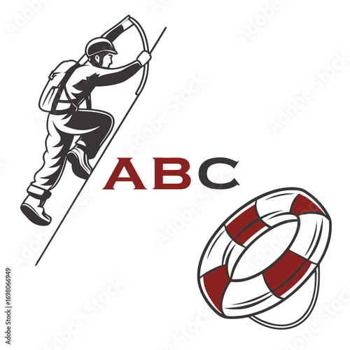 Adventurous archer climbs upward towards success with lifebuoy and abc alphabet symbols