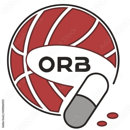 Basketball logo with the letters orb and a pill symbolizing sports medicine or performance enhancement