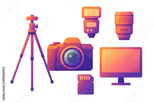 Photography equipment collection: camera, tripod, flash, lens, monitor, memory card